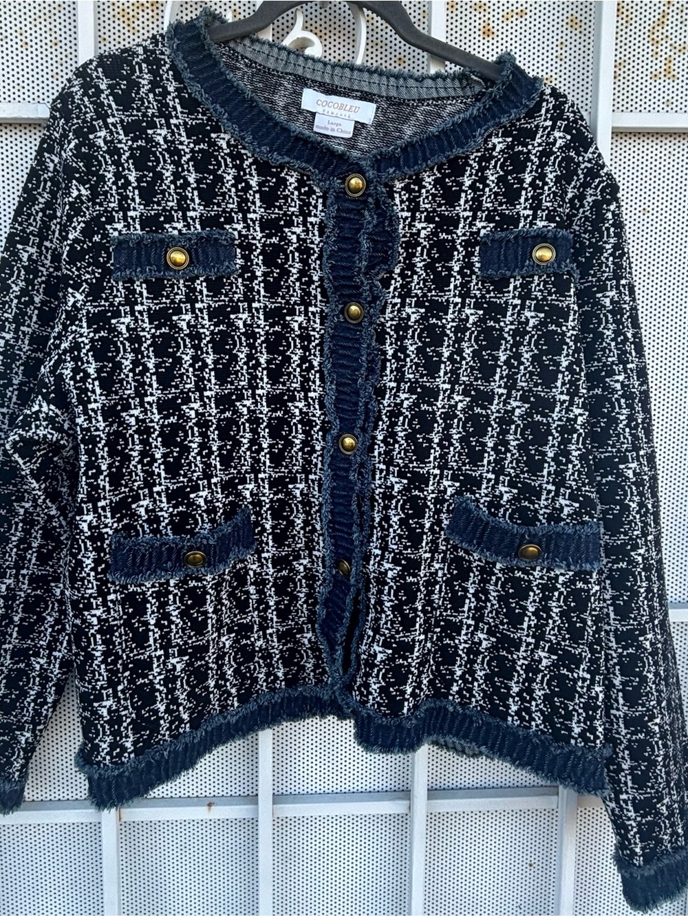NWT Coolbleu L tweed style cardigan black & white check blue denim gold buttons